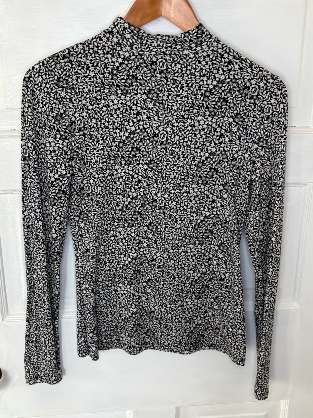 Boden Black & White Floral Mock Neck Long Sleeve Tee